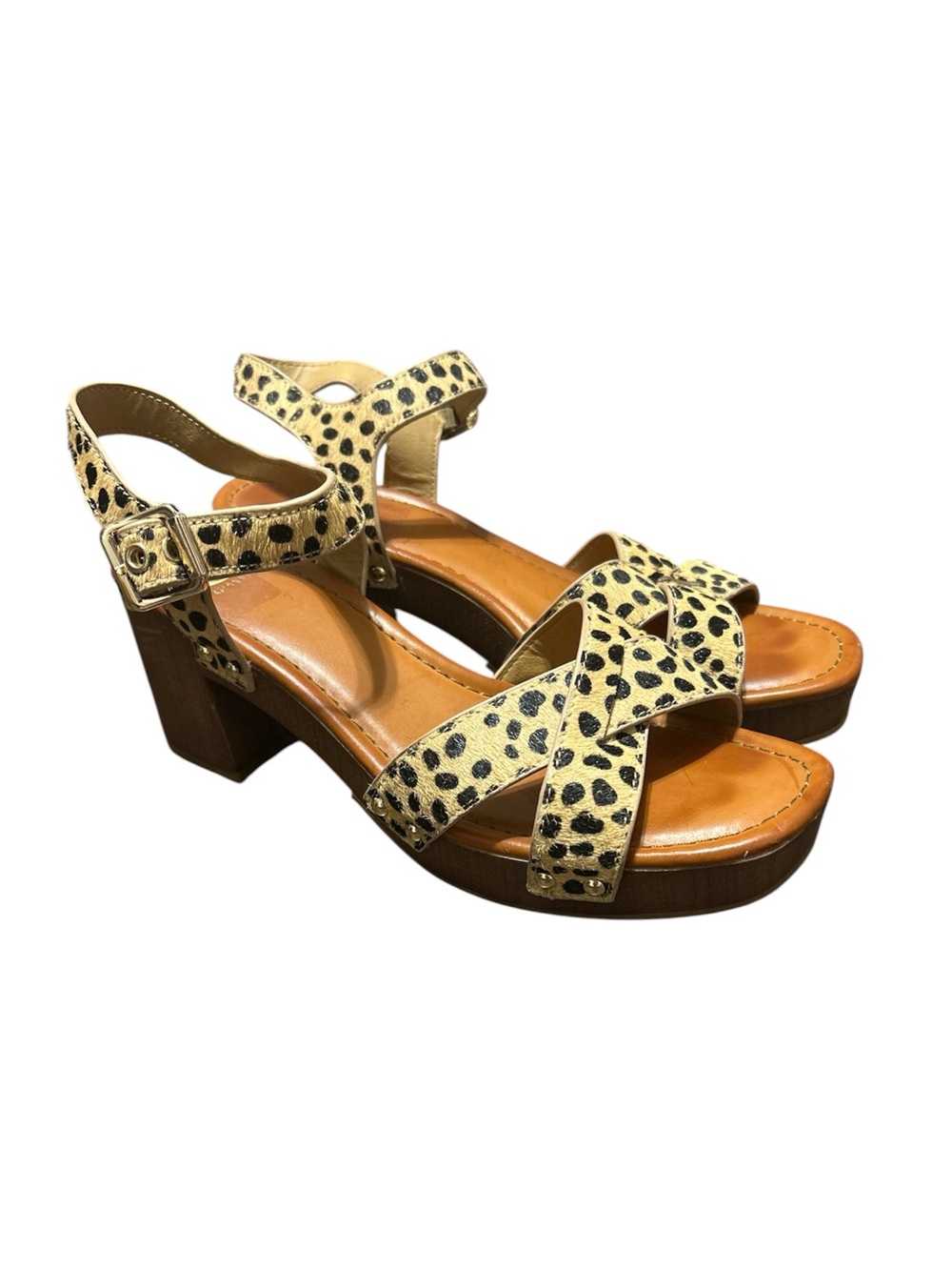 Gianni Bini Cheetah Wood Look Block Heel Calf Hair Criss Cross Sandals Boho